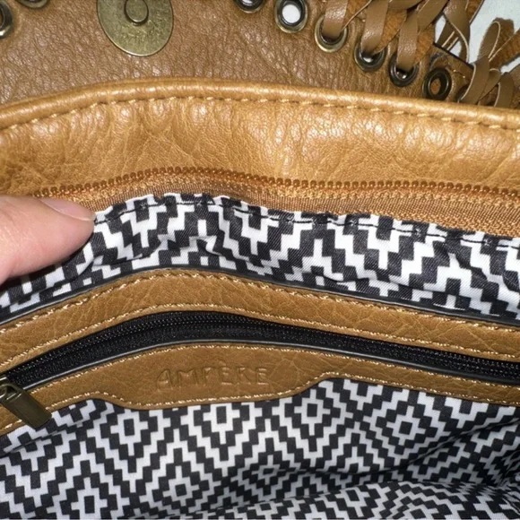 Ampere Tan Fringe Grommet Brass Hardware Magnetic Zip Shoulder Women's Bag Purse - Picture 5 of 5